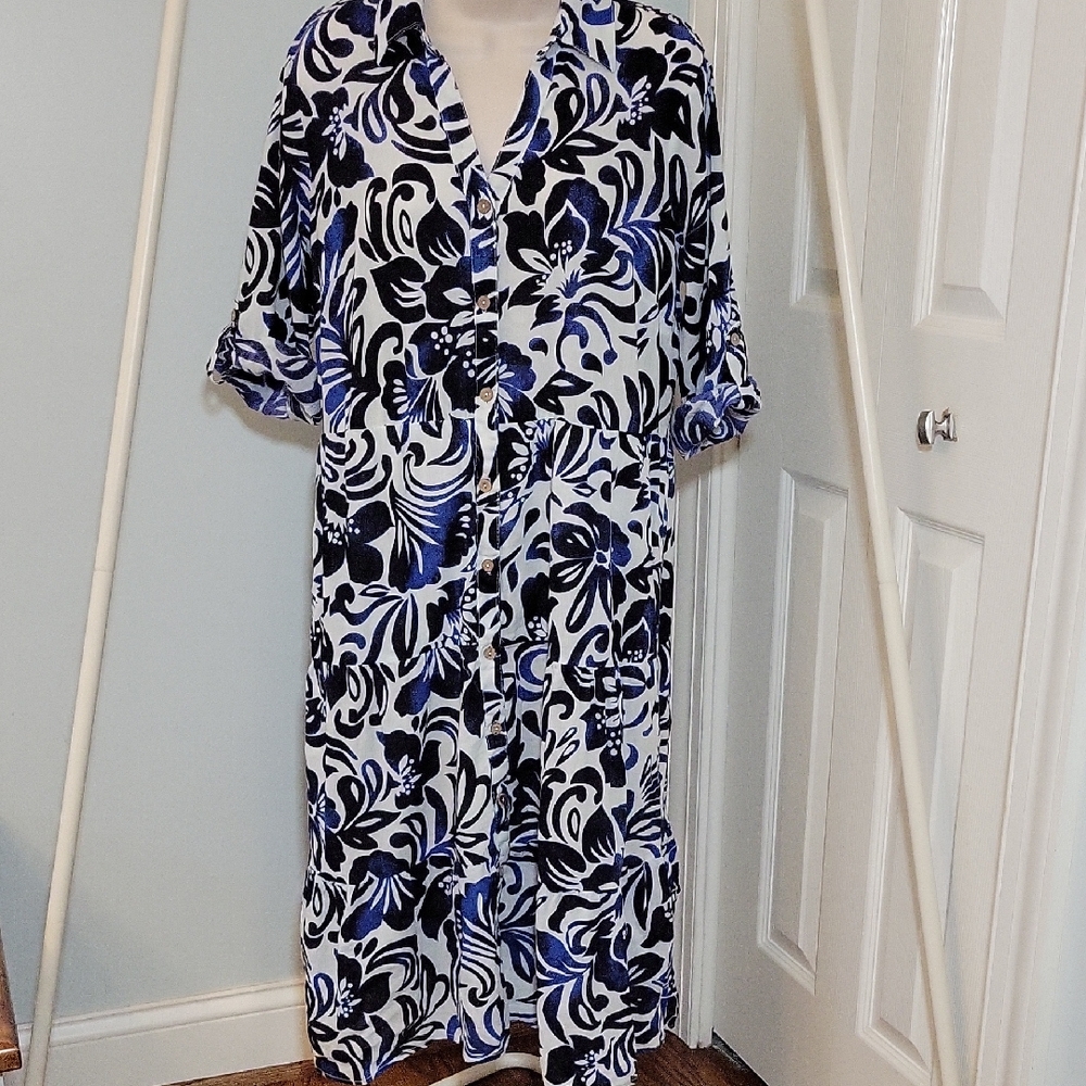 Mlle Gabrielle Navy Blue and White Tropical Print Cotton Ruffle Dress Size Large